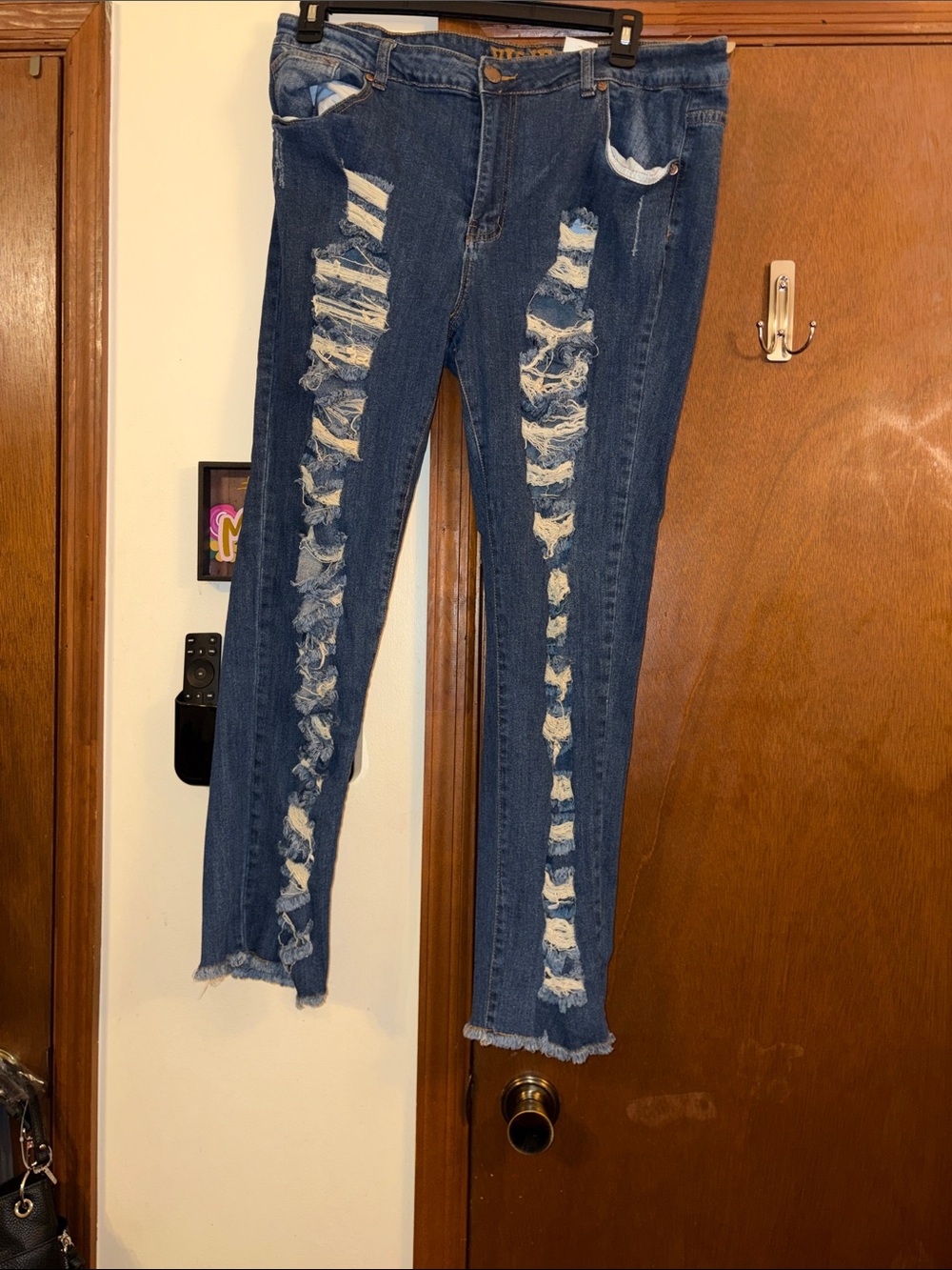 VIP Distressed Dark Blue Skinny Jeans with Frayed Panels